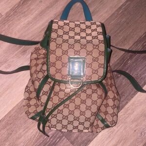 Authentic Vintage Gucci Abbey Backpack Green Patent Leather & TealBlue Stitching
